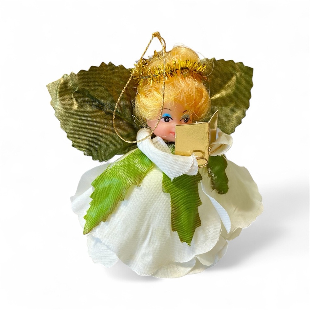 Vintage Rubber Face  Angel Ornament with Flower Petal Body and Leaf Wings